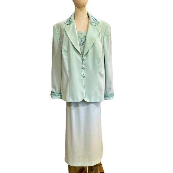 John Meyer of Norwich Womens Mint Green 3 PC Skirt Suit Size 18W Plus Beaded - Picture 1 of 16
